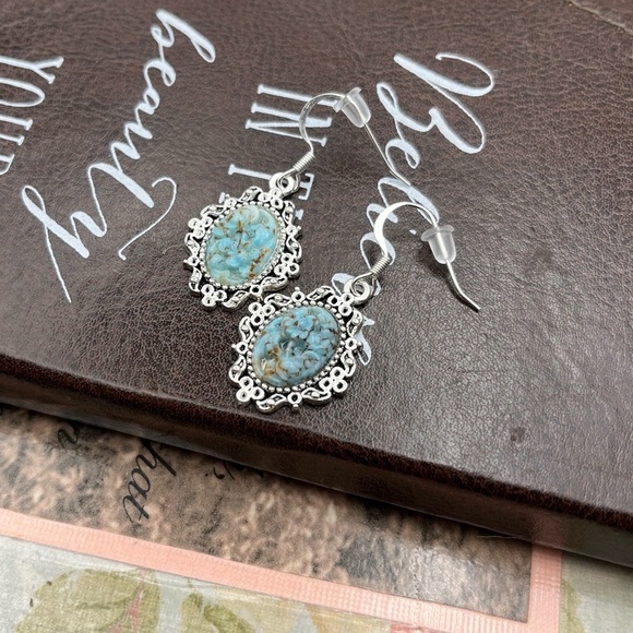 Vintage Carved Spotted Turquoise Resin Oval Cabochons Steel Dangle Earrings - Picture 4 of 7